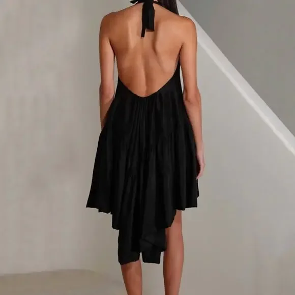 AZEEZA Winston Raw Silk Mini Dress Black High Low Halter Cocktail Party Size S